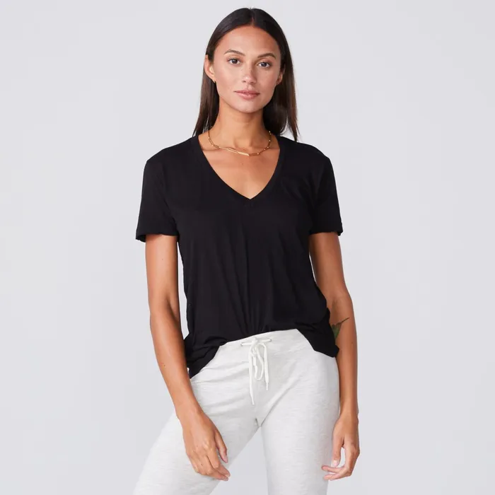 Women Tees MONROW Super Fine Jersey Fitted V Neck Tee Black