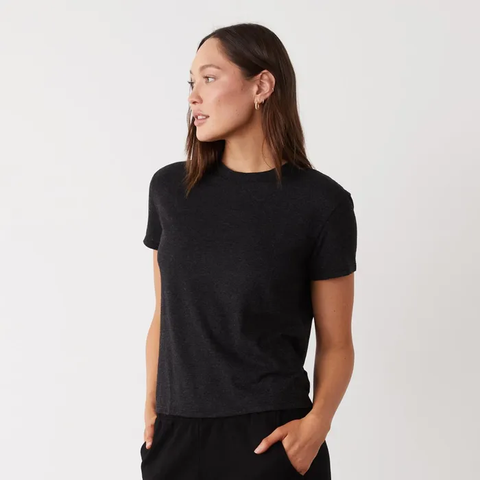 Women Tees MONROW Textured TriBlend Basic Crew Neck Tee Black