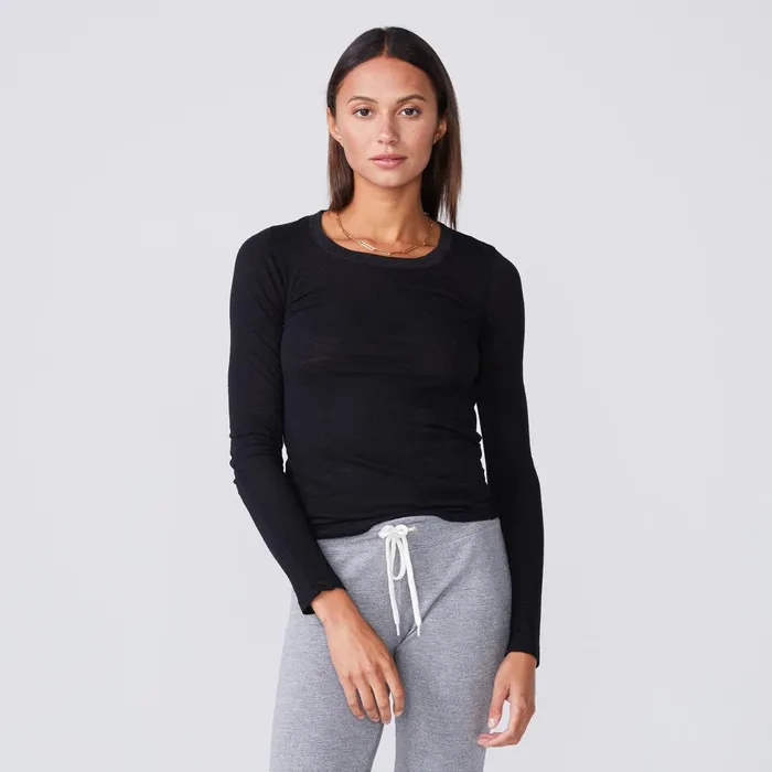 Women Tees MONROW Textured TriBlend Fitted Long Sleeve Crew Black