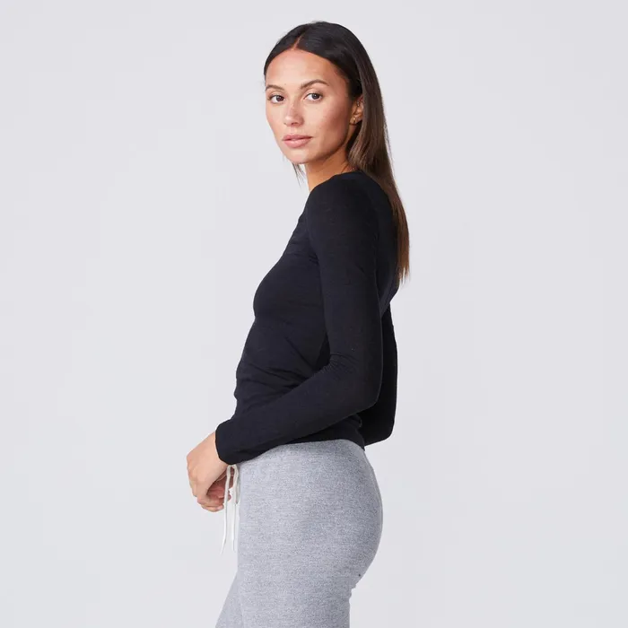 Women Tees MONROW Textured TriBlend Fitted Long Sleeve Crew Black