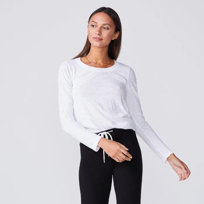 Women Tees MONROW Textured TriBlend Fitted Long Sleeve Crew White