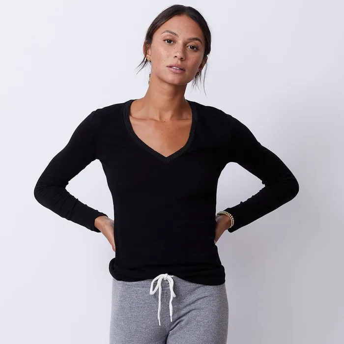 Women Tees MONROW Textured TriBlend Fitted Long Sleeve V Neck Tee Black