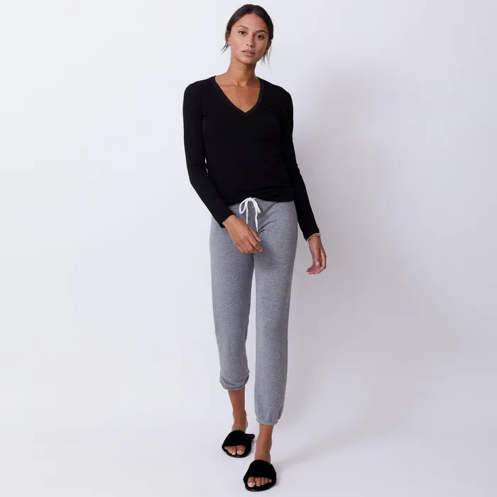 Women Tees MONROW Textured TriBlend Fitted Long Sleeve V Neck Tee Black
