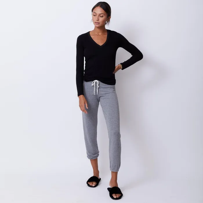 Women Tees MONROW Textured TriBlend Fitted Long Sleeve V Neck Tee Black
