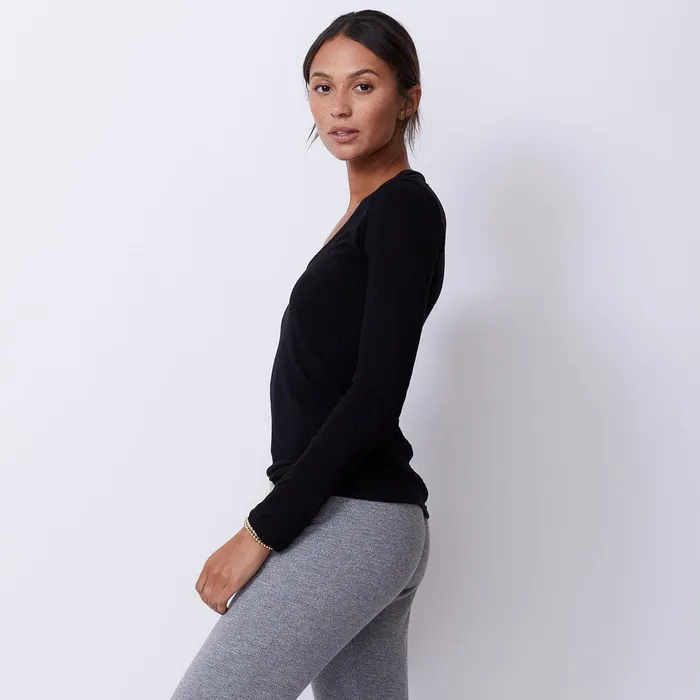 Women Tees MONROW Textured TriBlend Fitted Long Sleeve V Neck Tee Black