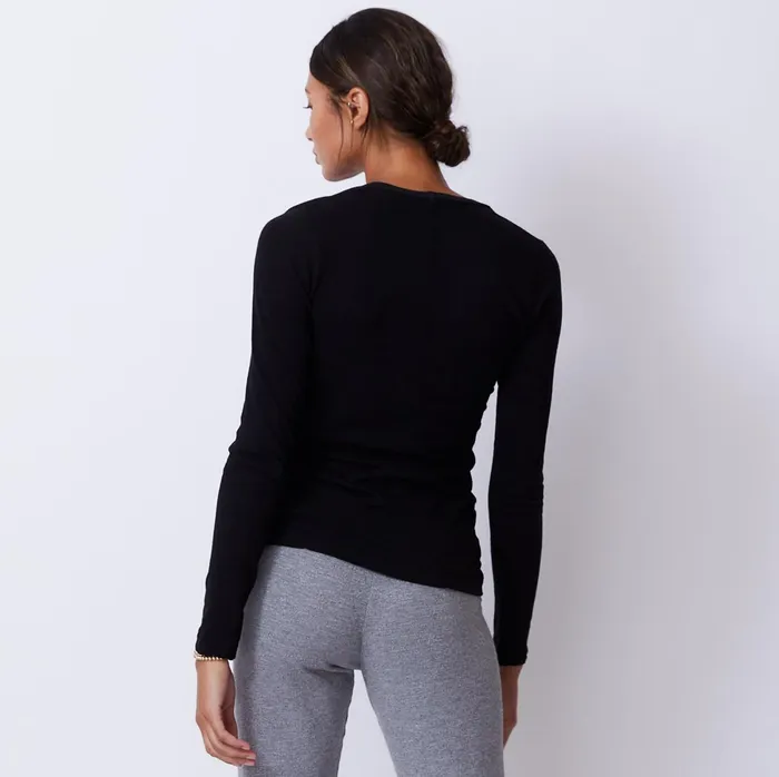 Women Tees MONROW Textured TriBlend Fitted Long Sleeve V Neck Tee Black