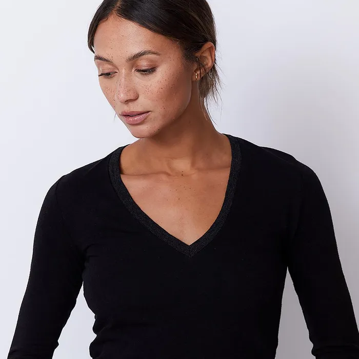 Women Tees MONROW Textured TriBlend Fitted Long Sleeve V Neck Tee Black