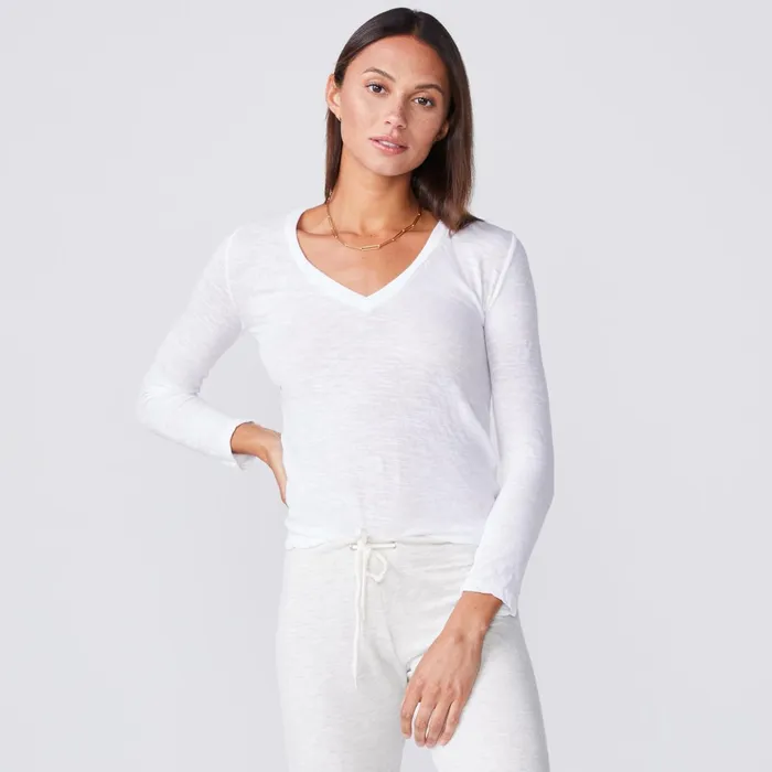 Women Tees MONROW Textured TriBlend Fitted Long Sleeve V Neck Tee White
