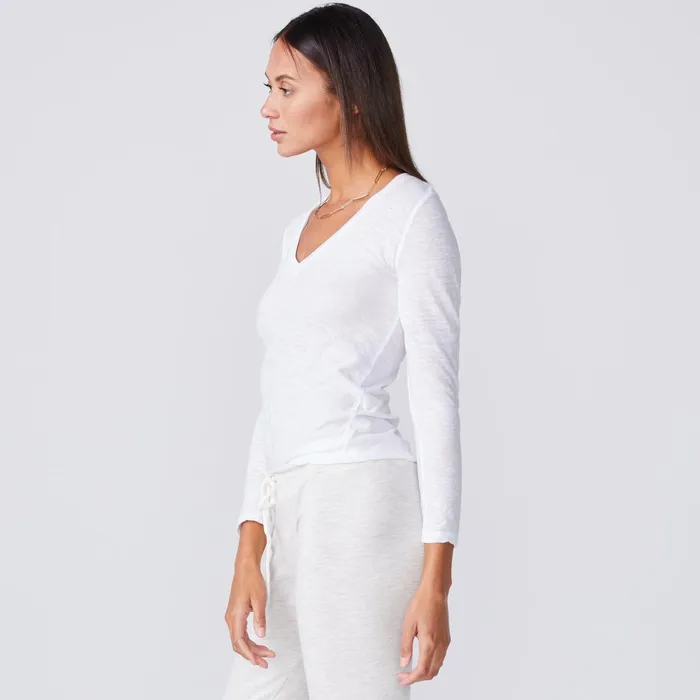 Women Tees MONROW Textured TriBlend Fitted Long Sleeve V Neck Tee White
