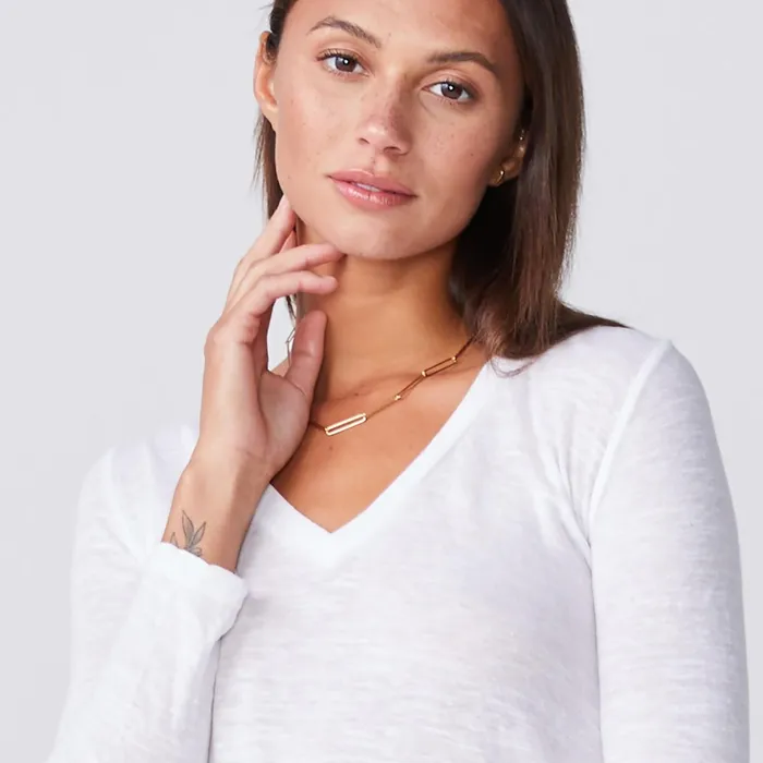 Women Tees MONROW Textured TriBlend Fitted Long Sleeve V Neck Tee White