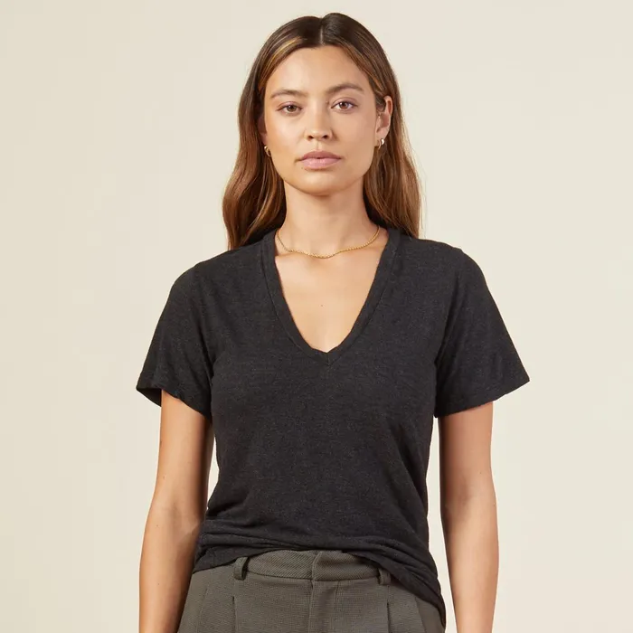 Women Tees MONROW Textured TriBlend Fitted V Neck Tee Black