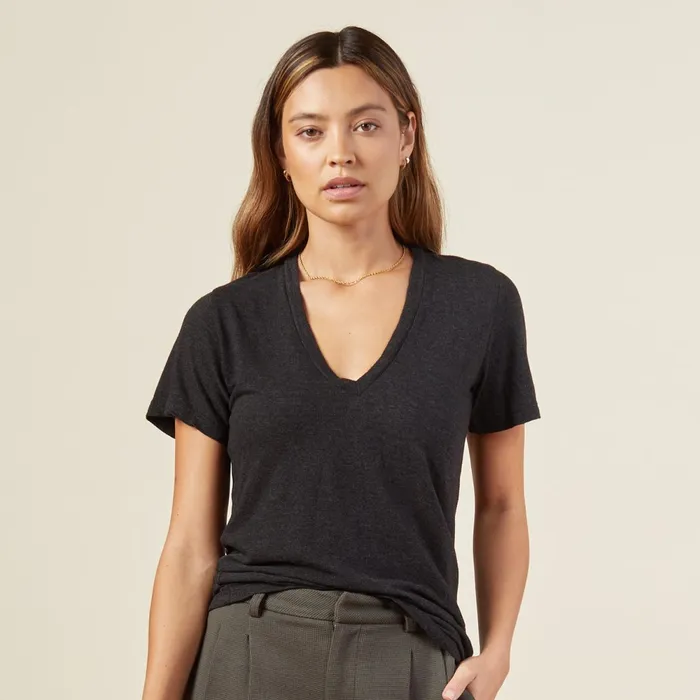Women Tees MONROW Textured TriBlend Fitted V Neck Tee Black