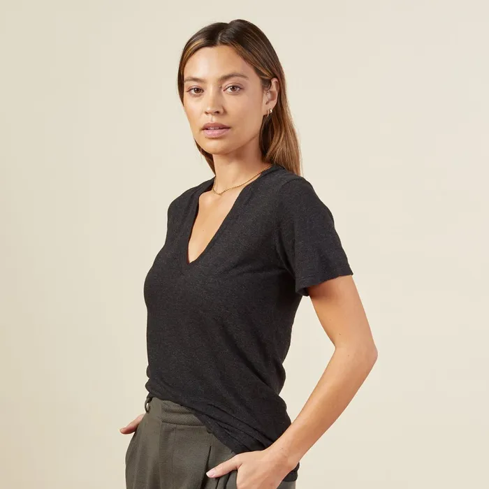 Women Tees MONROW Textured TriBlend Fitted V Neck Tee Black