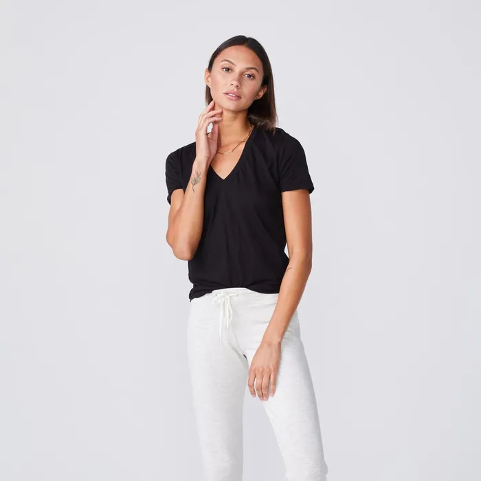 Women Tees MONROW Tissue Fitted V Neck Tee Black
