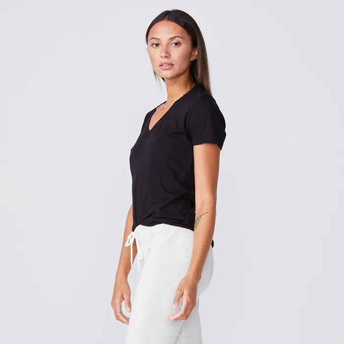 Women Tees MONROW Tissue Fitted V Neck Tee Black