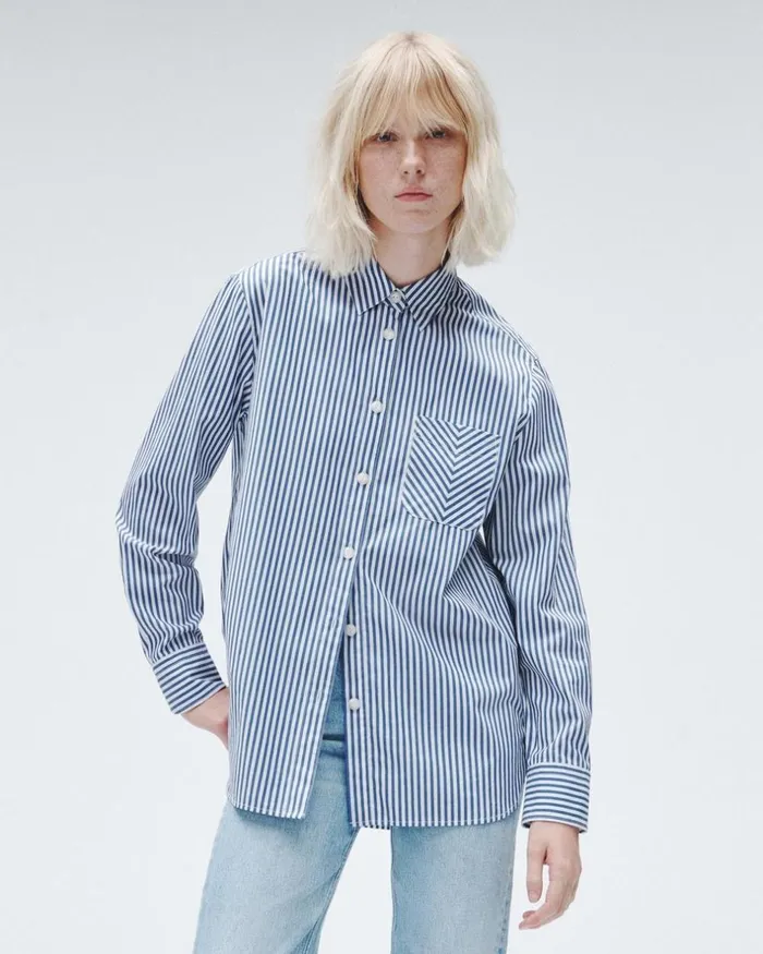 Women Tops Rag 038 Bone Maxine Cotton Poplin Stripe Shirt Blue Stripe