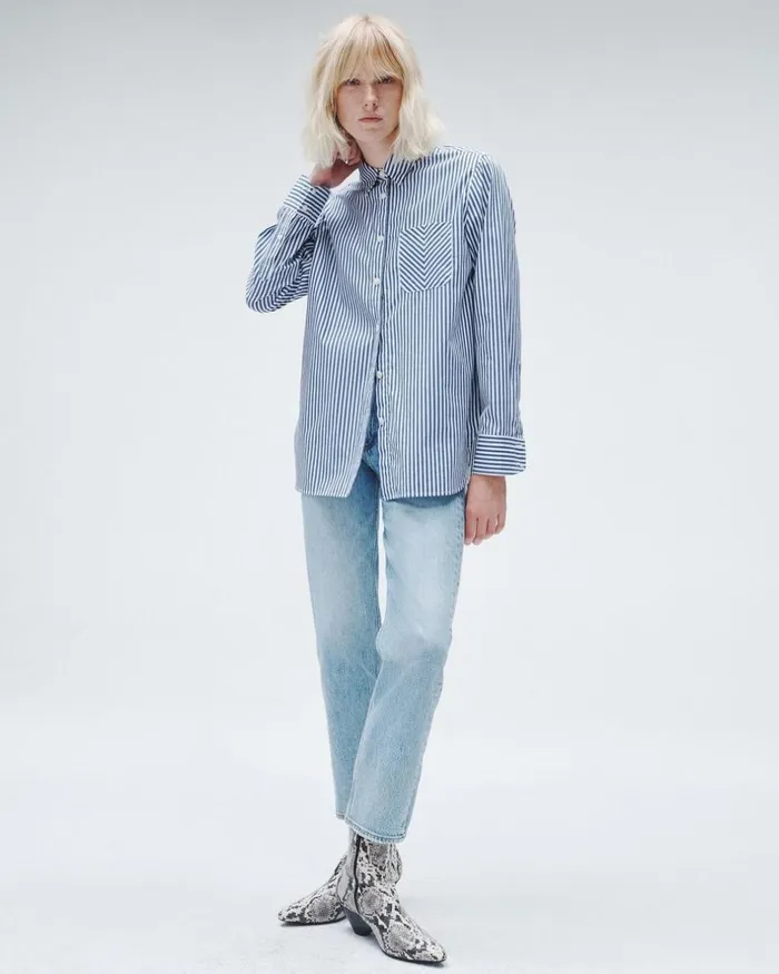 Women Tops Rag 038 Bone Maxine Cotton Poplin Stripe Shirt Blue Stripe