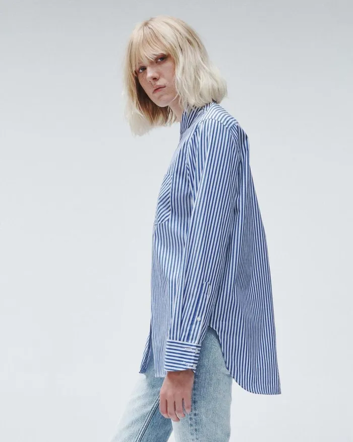 Women Tops Rag 038 Bone Maxine Cotton Poplin Stripe Shirt Blue Stripe