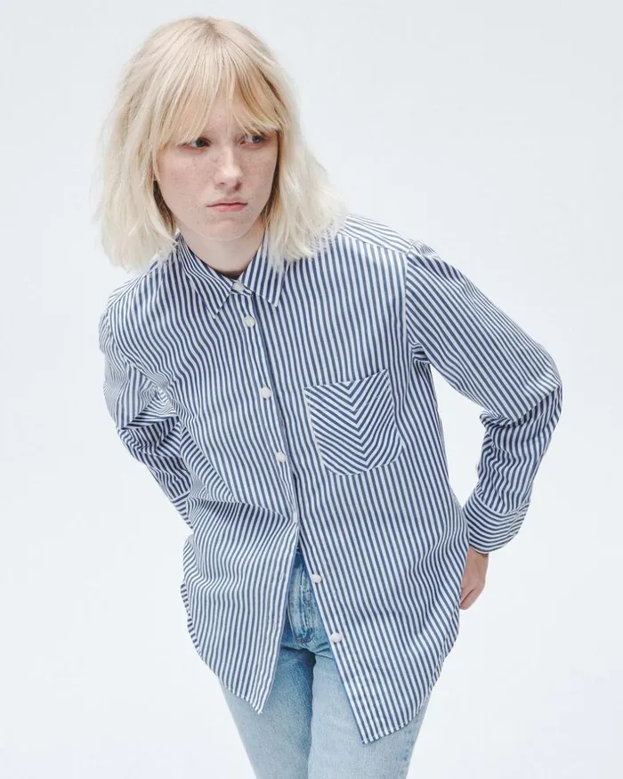 Women Tops Rag 038 Bone Maxine Cotton Poplin Stripe Shirt Blue Stripe
