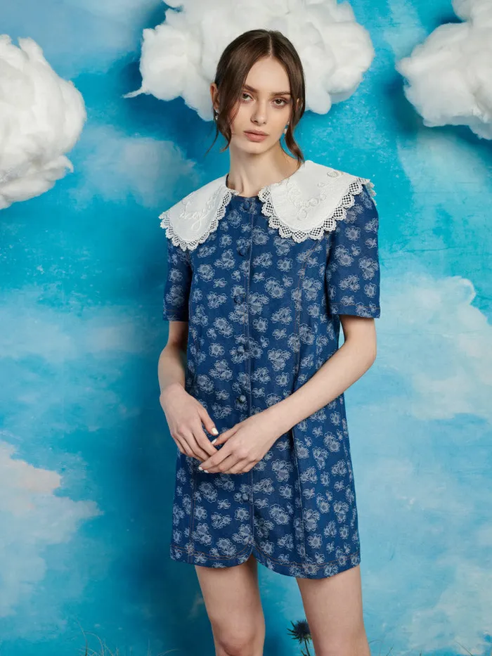 Women Wildflower Denim Mini Dress Indigo Blue Sister Jane Dresses