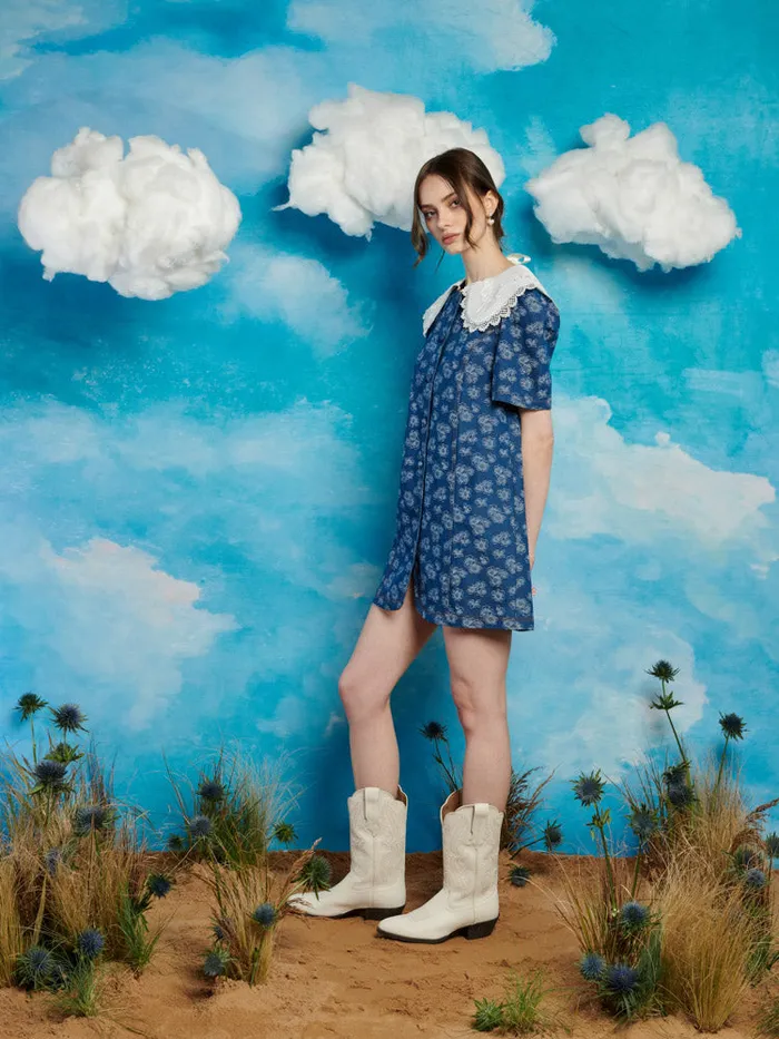 Women Wildflower Denim Mini Dress Indigo Blue Sister Jane Dresses