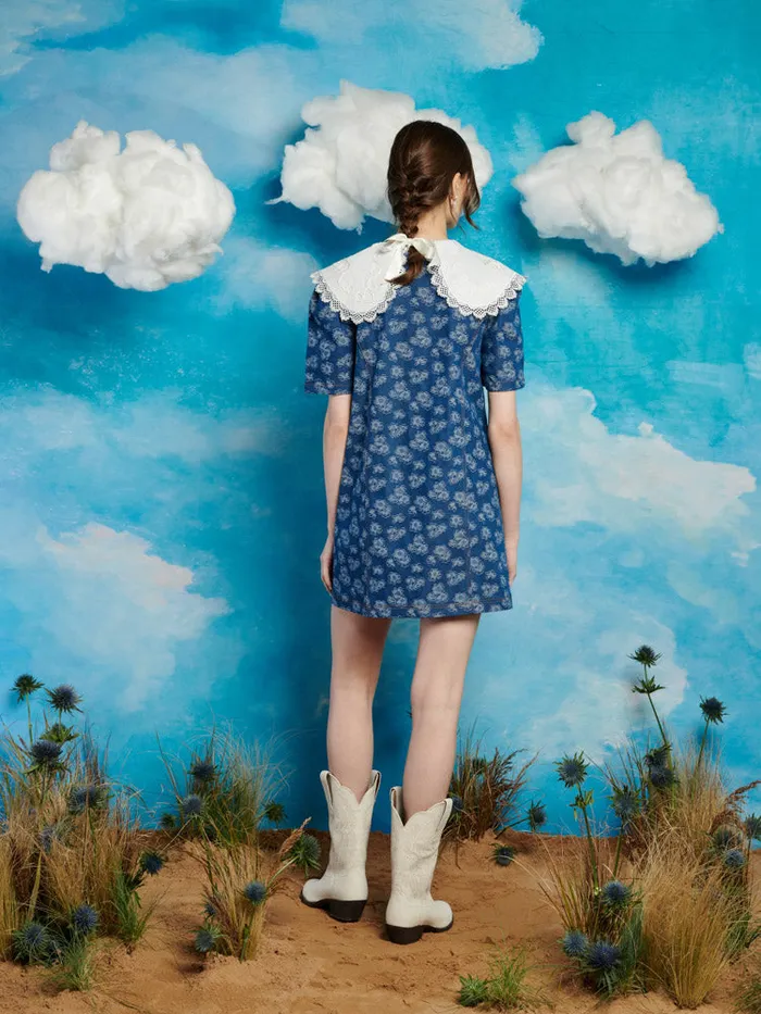 Women Wildflower Denim Mini Dress Indigo Blue Sister Jane Dresses