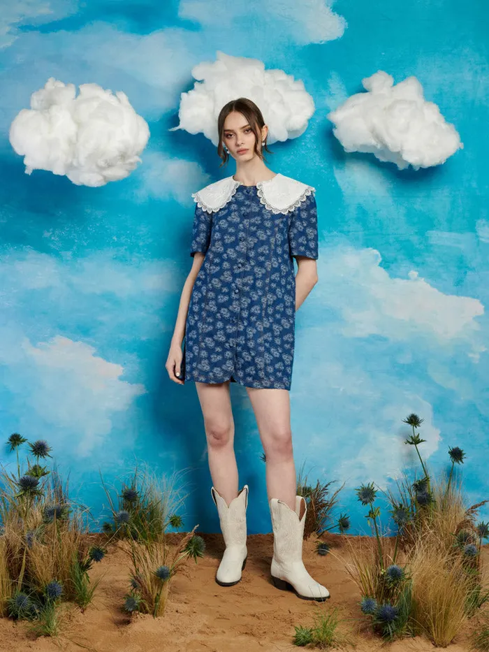 Women Wildflower Denim Mini Dress Indigo Blue Sister Jane Dresses
