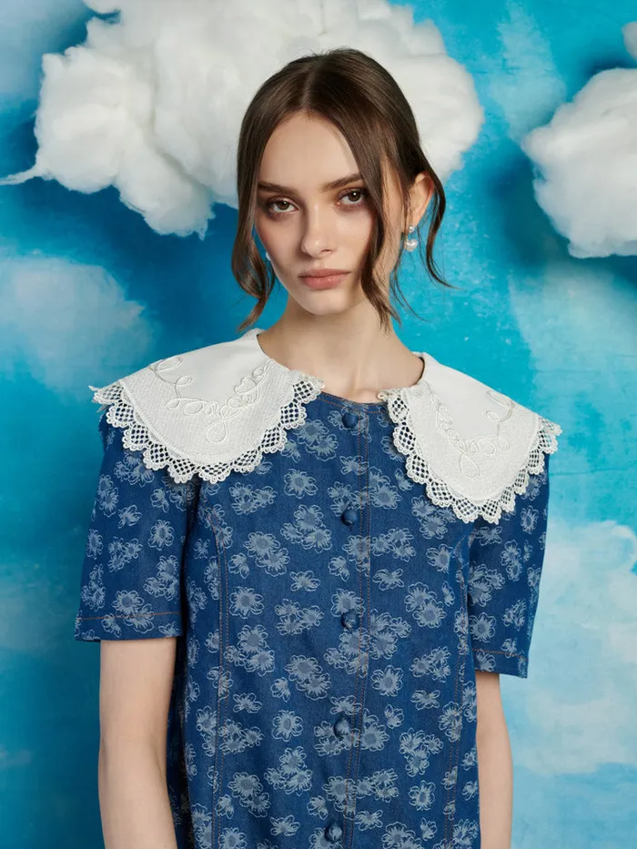 Women Wildflower Denim Mini Dress Indigo Blue Sister Jane Dresses