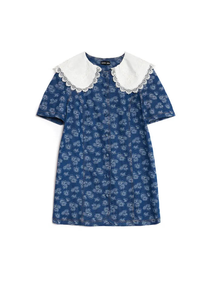 Women Wildflower Denim Mini Dress Indigo Blue Sister Jane Dresses