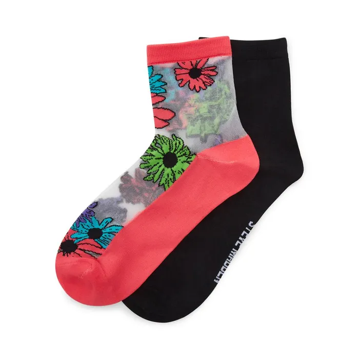 Womens Flower Sheer Anklet Socks Pink Multi Steve Madden Socks and Tights