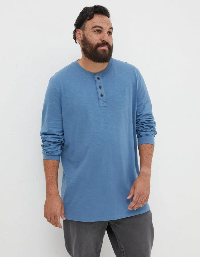 Woodside Slub Cotton Henley Light Denim Blue Men FatFace TShirts