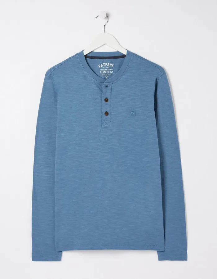 Woodside Slub Cotton Henley Light Denim Blue Men FatFace TShirts