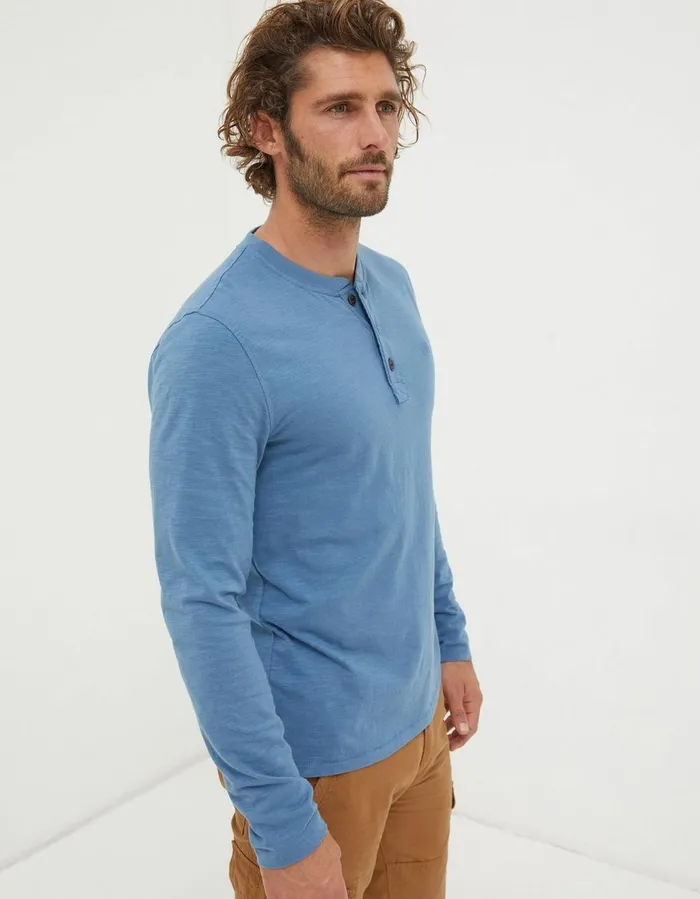 Woodside Slub Cotton Henley Light Denim Blue Men FatFace TShirts