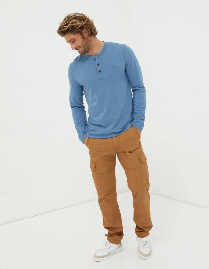 Woodside Slub Cotton Henley Light Denim Blue Men FatFace TShirts
