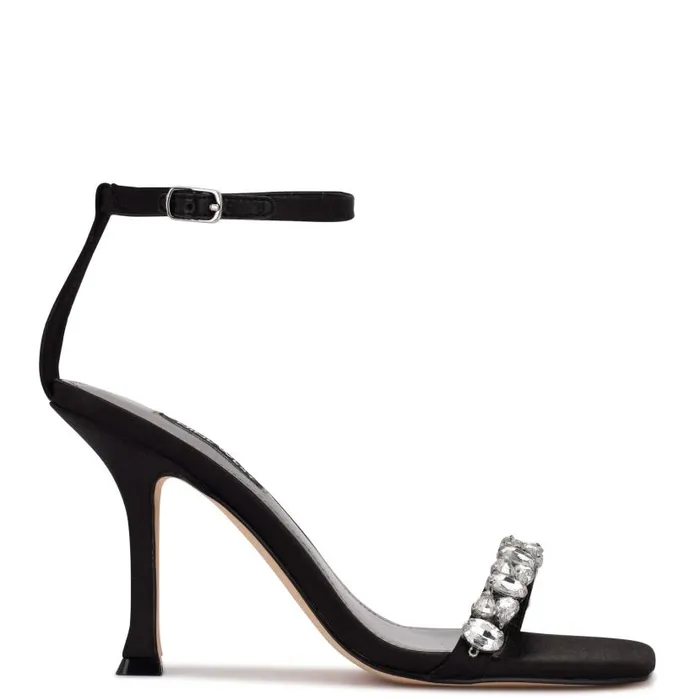 Yazmin Ankle Strap Dress Sandals Black Satin Crystal Women Nine West Heels