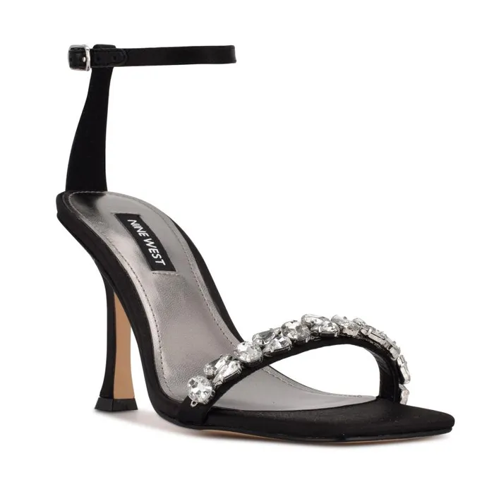 Yazmin Ankle Strap Dress Sandals Black Satin Crystal Women Nine West Heels