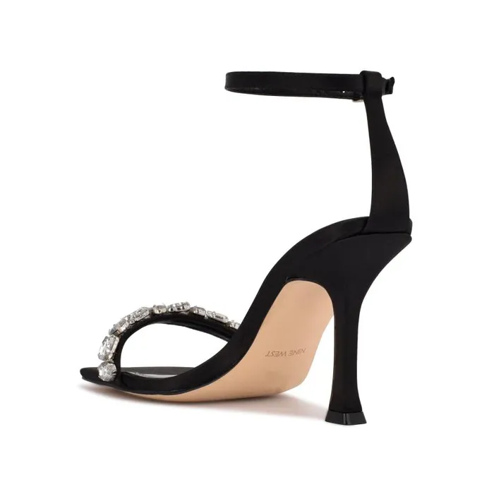 Yazmin Ankle Strap Dress Sandals Black Satin Crystal Women Nine West Heels