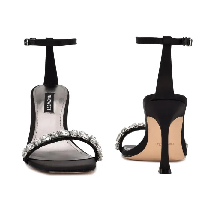 Yazmin Ankle Strap Dress Sandals Black Satin Crystal Women Nine West Heels