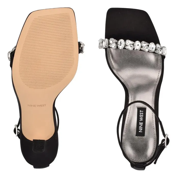 Yazmin Ankle Strap Dress Sandals Black Satin Crystal Women Nine West Heels