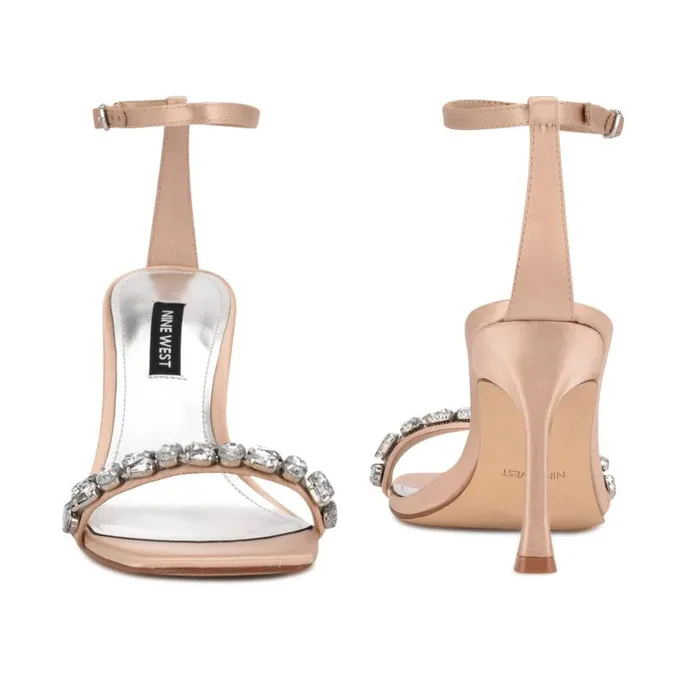Yazmin Ankle Strap Dress Sandals Natural Satin Crystal Women Nine West Heels