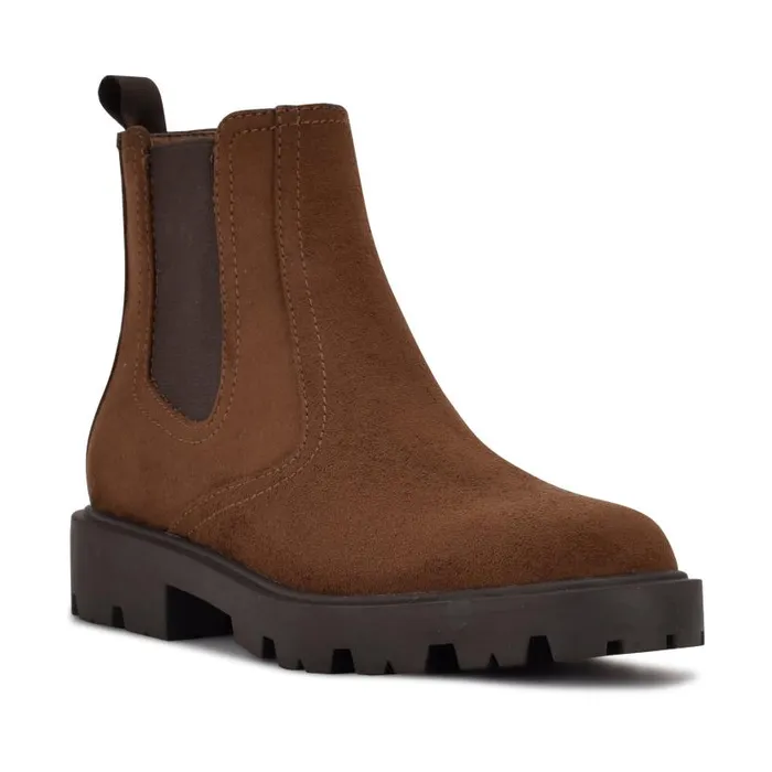 Yullon Lug Sole Chelsea Booties Brown Stretch Suede Women Nine West Boots and Booties