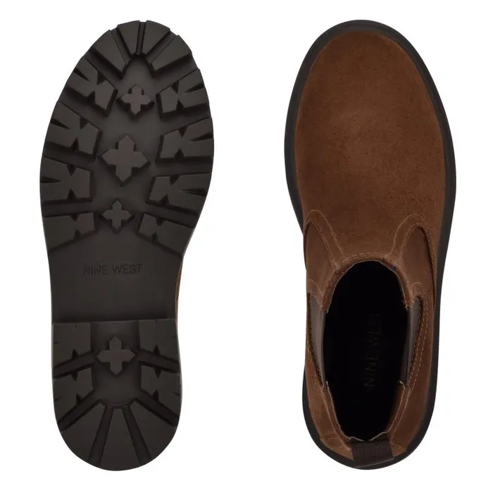 Yullon Lug Sole Chelsea Booties Brown Stretch Suede Women Nine West Boots and Booties