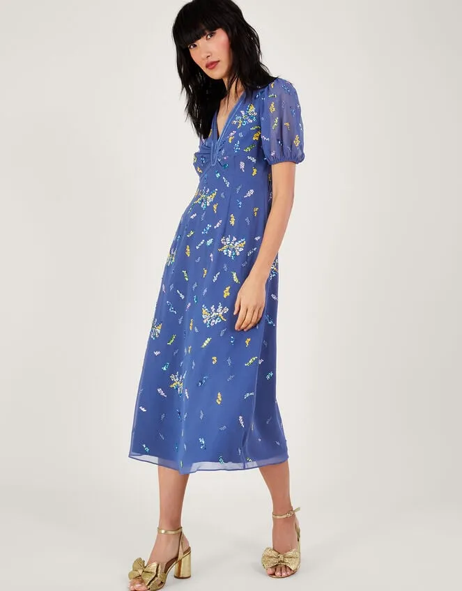 Zena Sequin Tea Dress In Recycled Polyester Blue Women Monsoon Occasionwear