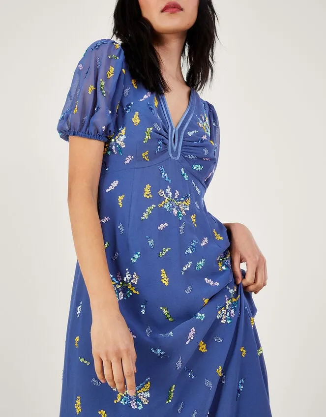 Zena Sequin Tea Dress In Recycled Polyester Blue Women Monsoon Occasionwear