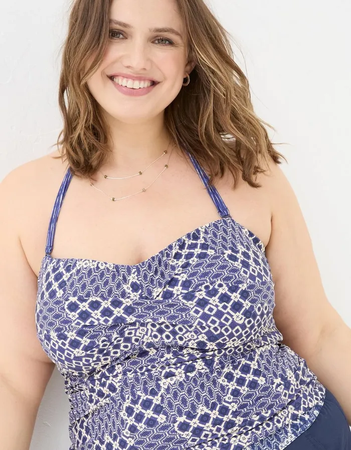 Zuri Patchwork Geo Tankini Blue Women FatFace Beachwear and Swimwear